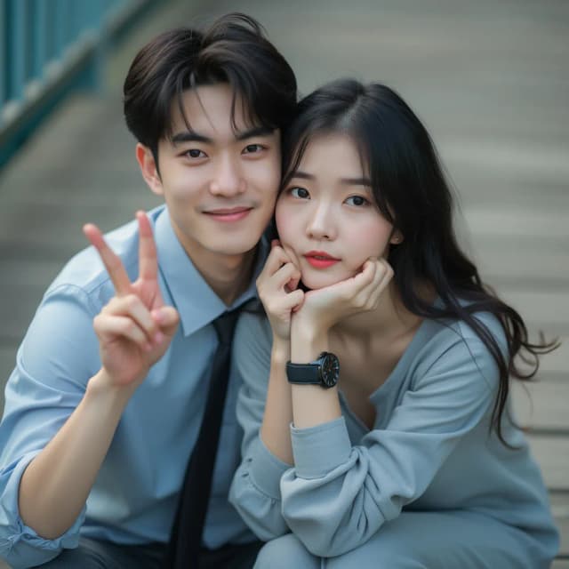 Raw photography 4D, extremely detailed and realistic, A close-up, slightly impressionistic portrait of a young man and beautiful woman. The Asian handsome man, with dark hair and a light blue button-down shirt and dark tie, is on the left, and appears to be making a peace sign with his left hand. He has a pleasant expression. The woman, with dark hair and a light gray/blue long-sleeved top and pants, is seated next to him. She has a delicate expression and is resting her right hand on her chin, while wearing a watch. Both are looking at the camera. The setting appears to be outdoors, on a lightly shaded wooden deck or patio. Soft, diffused daylight illuminates the scene, creating a warm, slightly pastel aesthetic. The background is out-of-focus, slightly blurred, and a pastel blue-grey. The image has a gentle, romantic feel. The focus is on the subjects' faces and the interaction between them.