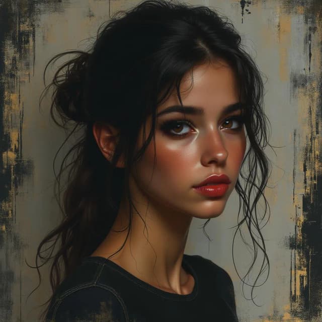 This is a hyper-realistic digital painting of a young woman with dark, wavy hair tied back, featuring a moody, intense expression. Her skin is smooth, with a warm, golden undertone. She has large, almond-shaped eyes with dark, dramatic eyeliner and long lashes. Her lips are full and painted a deep red. She wears a dark, textured top. The background is an abstract, distressed canvas with black and beige tones, adding to the dramatic, edgy atmosphere. The style combines realism with an almost painterly texture, emphasizing the subject's striking features and emotional depth.