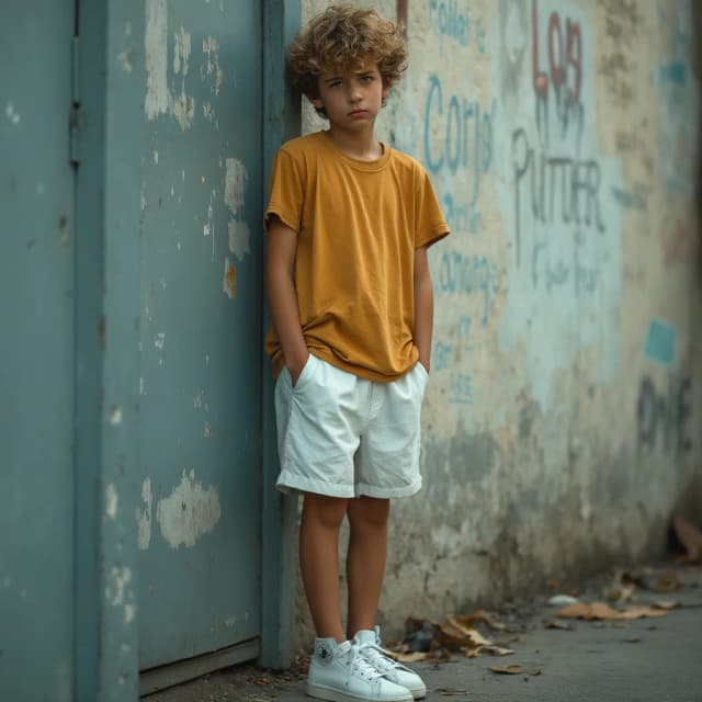 A teen boy, 15 years old, is posing casually against a weathered wall, giving a contemplative look towards the camera. . The teen boy has a distinct hairstyle, curly hair that is styled upwards, giving it a dynamic and expressive look. The hair is a mix of light brown and blonde tones, adding depth and texture to the appearance.
In detail, the image features a teen boy with a youthful demeanor, dressed in a mustard yellow t-shirt that highlights his slender build and a white short shorts and a white Stan smith sneakers. His expression is sad and melancholic. The atmosphere feels urban and slightly gritty, suggesting a backdrop of a city or older neighborhood. The soft focus and lighting create a reflective mood, accentuating the boy's expression, which is serious yet introspective, as if he is lost in thought. Avoiding distractions, the composition focuses on his figure, enhancing the emotional depth of the scene.