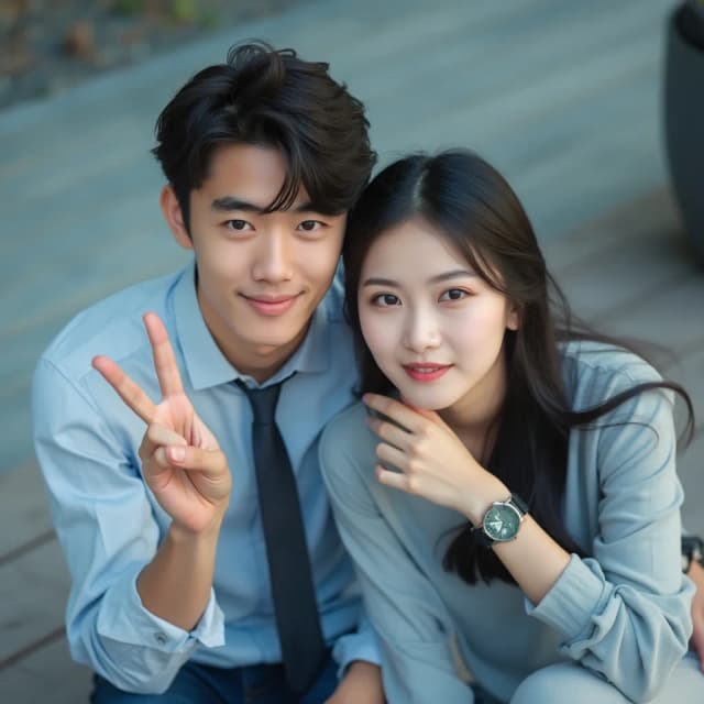 Raw photography 4D, extremely detailed and realistic, A close-up, slightly impressionistic portrait of a young man and beautiful woman. The Asian handsome man, with dark hair and a light blue button-down shirt and dark tie, is on the left, and appears to be making a peace sign with his left hand. He has a pleasant expression. The woman, with dark hair and a light gray/blue long-sleeved top and pants, is seated next to him. She has a delicate expression and is resting her right hand on her chin, while wearing a watch. Both are looking at the camera. The setting appears to be outdoors, on a lightly shaded wooden deck or patio. Soft, diffused daylight illuminates the scene, creating a warm, slightly pastel aesthetic. The background is out-of-focus, slightly blurred, and a pastel blue-grey. The image has a gentle, romantic feel. The focus is on the subjects' faces and the interaction between them.